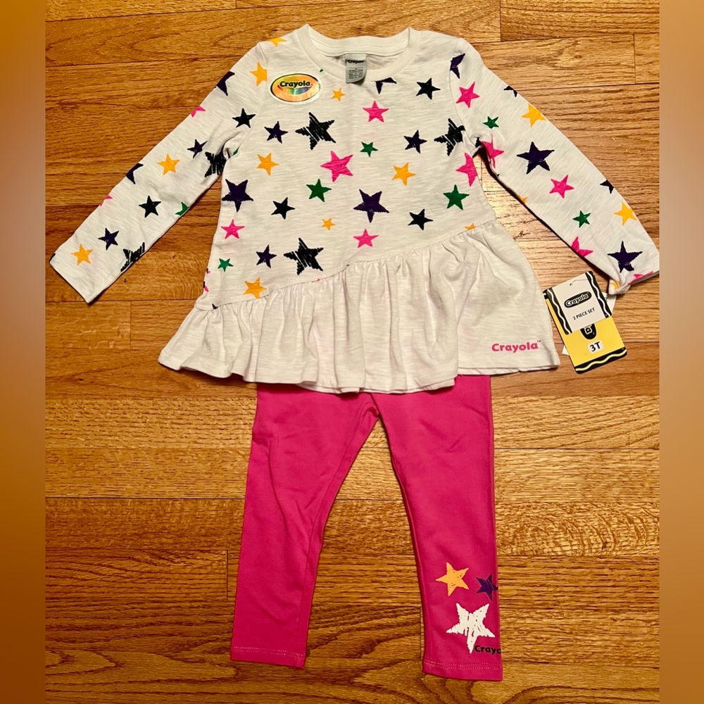 Crayola 2-Piece Outfit Toddler 3T Pink & Stars Long Sleeve Top & Leggings - NWT